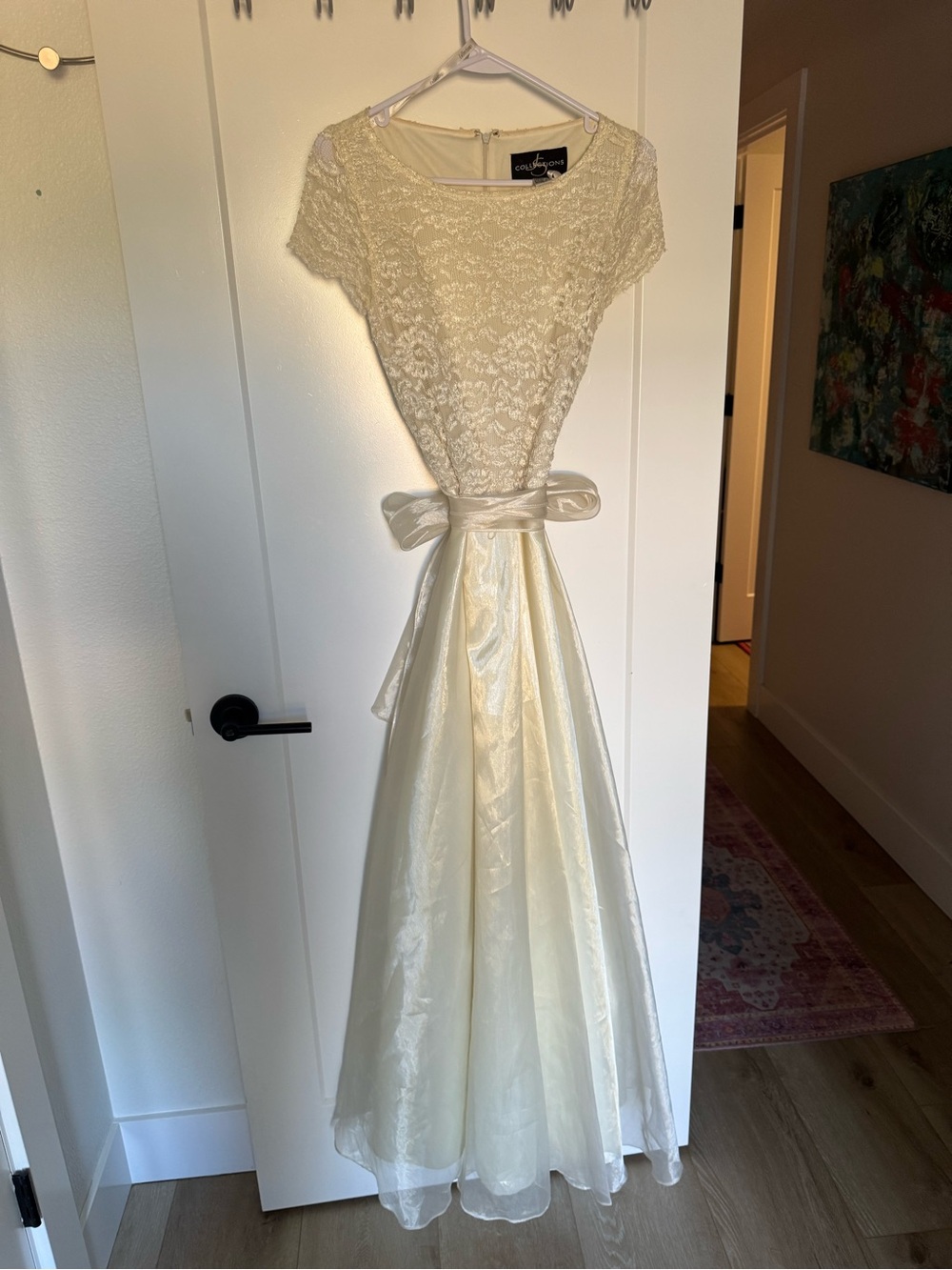JS Collections Ivory Lace Bodice Satin A-Line Gown with Waist Sash